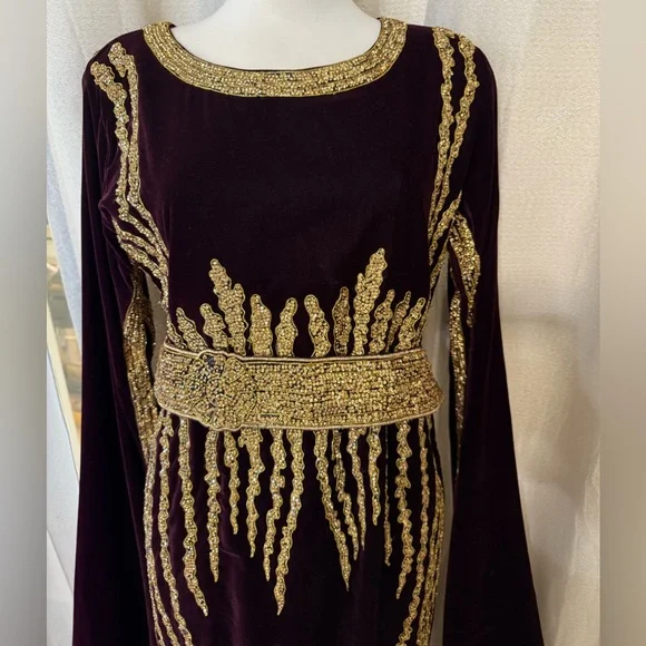 Purple velvet beaded dress with floor length sleeves - Picture 2 of 3